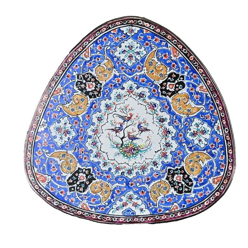 Minakari Hand Painted Enamel Copper Blue Bird Wall Plate Antique Persian Blue